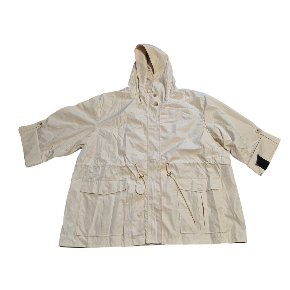 Kathy Ireland Womens 3X Beige Hooded Jacket Drawstring 3/4 Sleeve